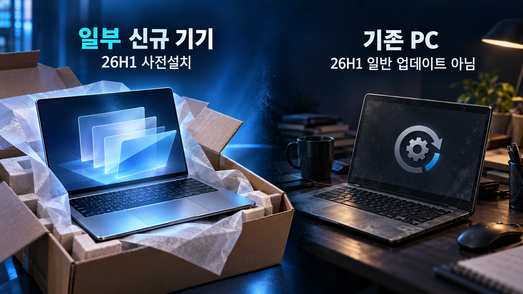 일부 신규 기기의 26H1 사전설치와 기존 PC의 일반 업데이트 경로가 다름을 비교한 AI 생성 편집 이미지