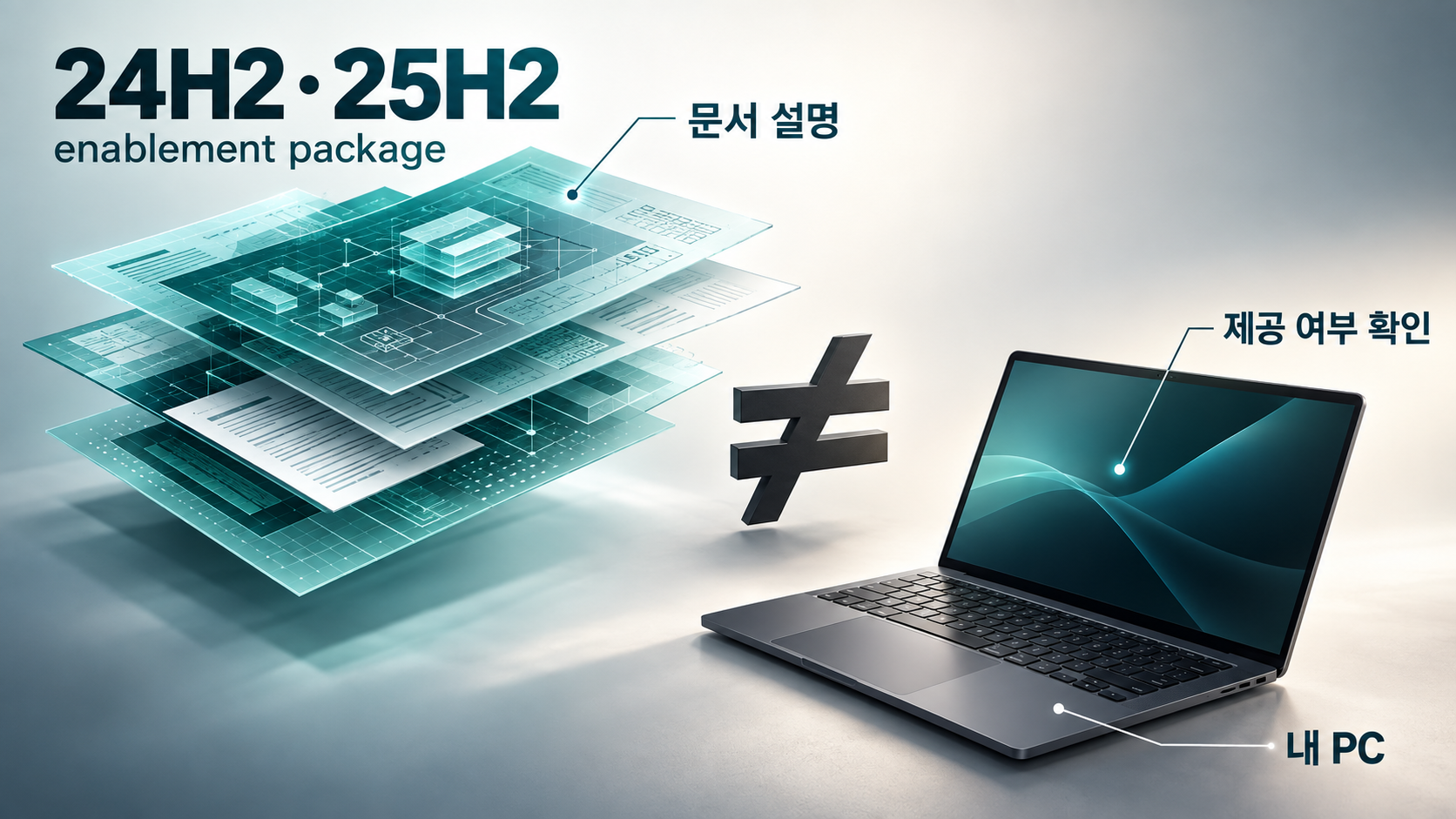 문서의24H2·25H2 전환 설명과 내PC의 실제 업데이트 제공 여부를 구분한 편집 인포그래픽